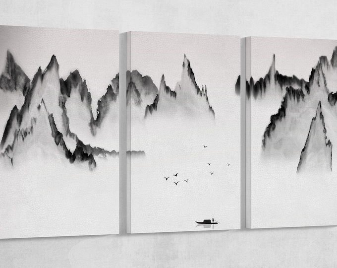 Chinese Traditional Mountain Black and White Illustration Wall Art Framed Canvas Print, Made in Italy!