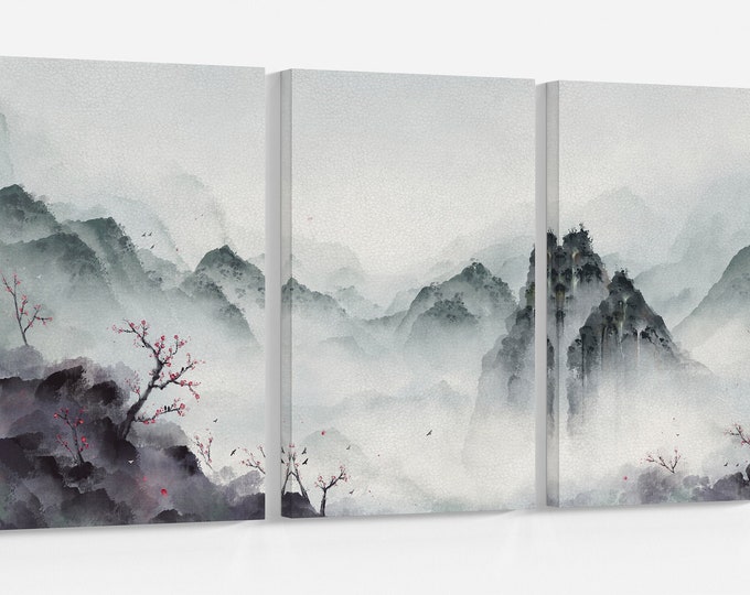 Japan Mountain Landscape Winter Illustration Wall Art Framed Canvas Print, Made in Italy!