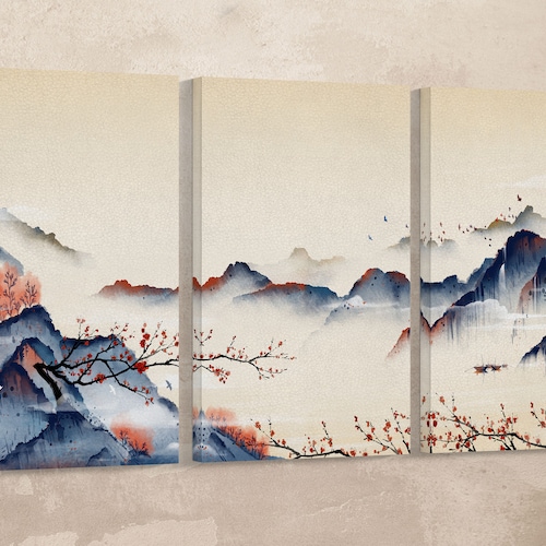 Japan Mountain Landscape at Dawn Illustration Wall Art Framed Etsy