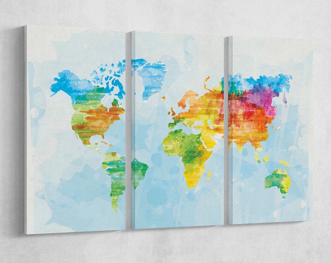 Color Sketched World Map Leather Print/Large World Map/Multi Panels World Map/Multi Pieces World Map/Wall Art/Better than Canvas!