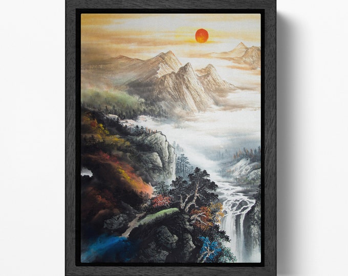 Oriental Chinese Landscape Framed Canvas Eco Leather Print, Made in Italy!