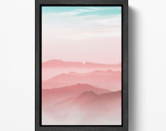 Pink Mountains Framed Canvas Wall Art Ready to Hang Vegan Leather