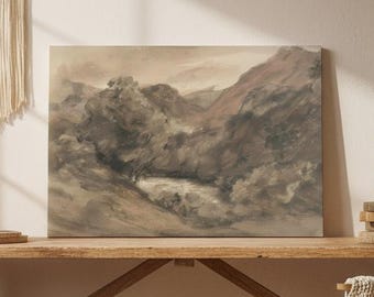 Serene Sepia Mountain Landscape Eco Leather Wall Art Print