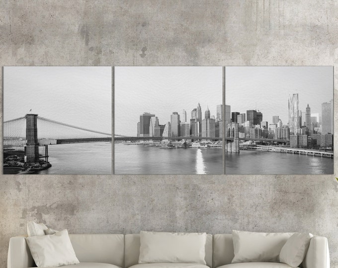 New York City Skyline and Brooklyn Bridge B&WLeather Print/Large New York Print/New York Wall Art/Multi Panel Print/Better than Canvas!