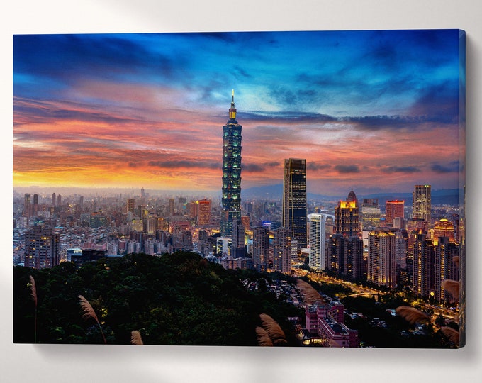 Taipei Skyline at Sunset Canvas Eco Leather Print, Made in Italy!