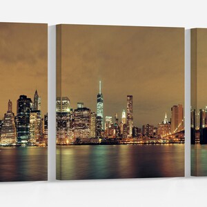 Manhattan Downtown urban view with Brooklyn bridge at night Leather Print/Large New York print/Large Manhattan wall art/Better than Canvas!