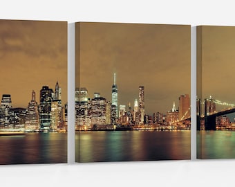 Manhattan Skyline Brooklyn Bridge Eco Leather Frame Wall Art Multi Panel Print