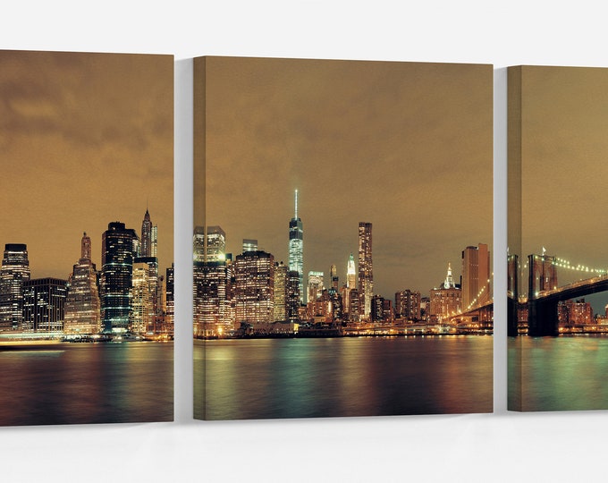 Manhattan Downtown urban view with Brooklyn bridge at night Leather Print/Large New York print/Large Manhattan wall art/Better than Canvas!