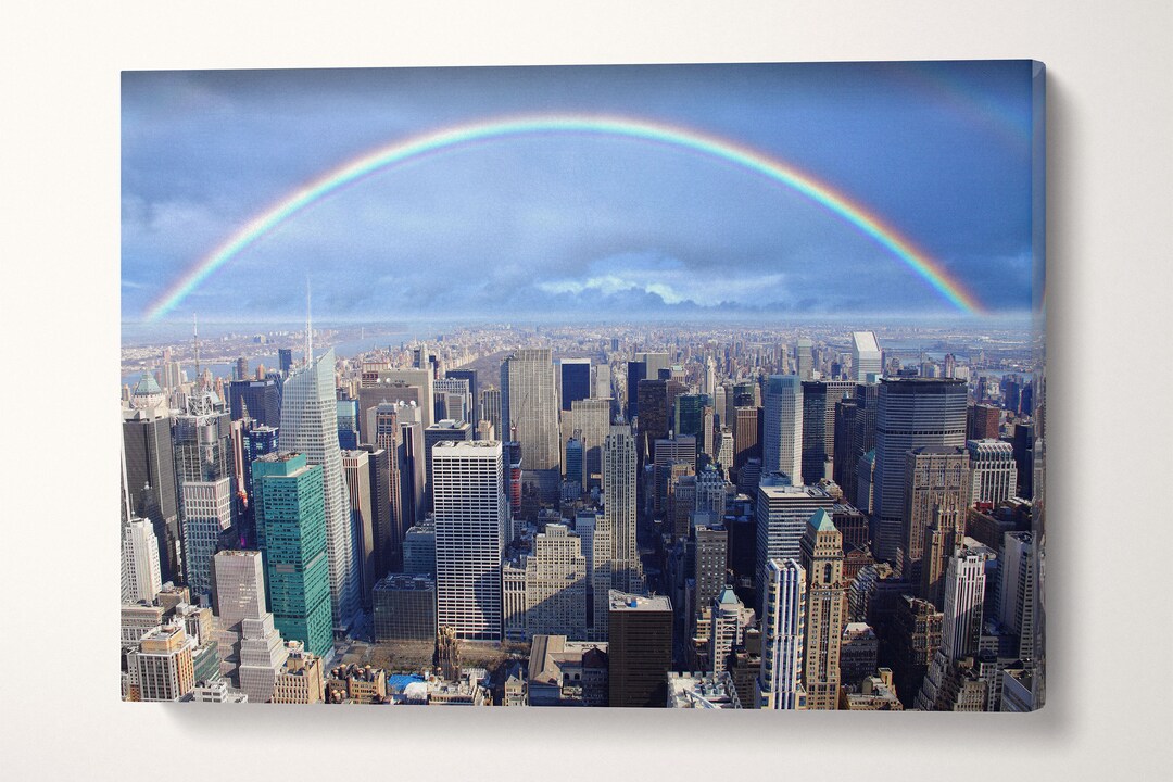 Rainbow Over Manhattan Leather Print/large New York Canvas/large Wall ...