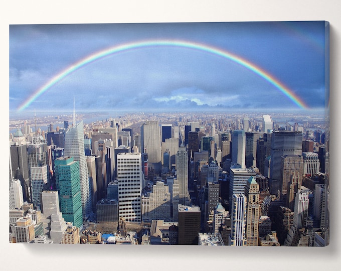 Rainbow Over Manhattan Leather Print/Large New York Canvas/Large Wall Art/Wall Decor/Multi Panel Print/Made in Italy/Better than Canvas!