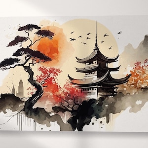 Pagoda Giapponese nella Serenità Autunnale Macchie Inchiostro Stampa su Tessuto Ecopelle, Made in Italy!