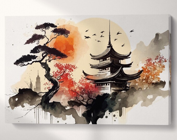 Japanese Pagoda in Autumn Serenity Ink Canvas Wall Art Eco Leather Print, Made in Italy!