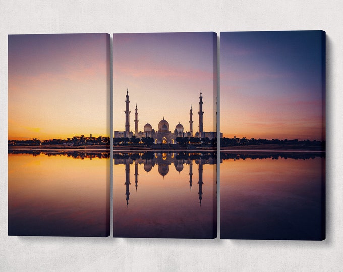 Sheikh Zayed Grand Mosque Abu Dhabi At Sunset Canvas Wall Art Eco Leather Print, Made in Italy!
