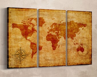 3 Pieces Old World Map with Compass Leather Print/Vintage World Map/Large Wall art/Extra large World Map/Wall decor/Better than Canvas!