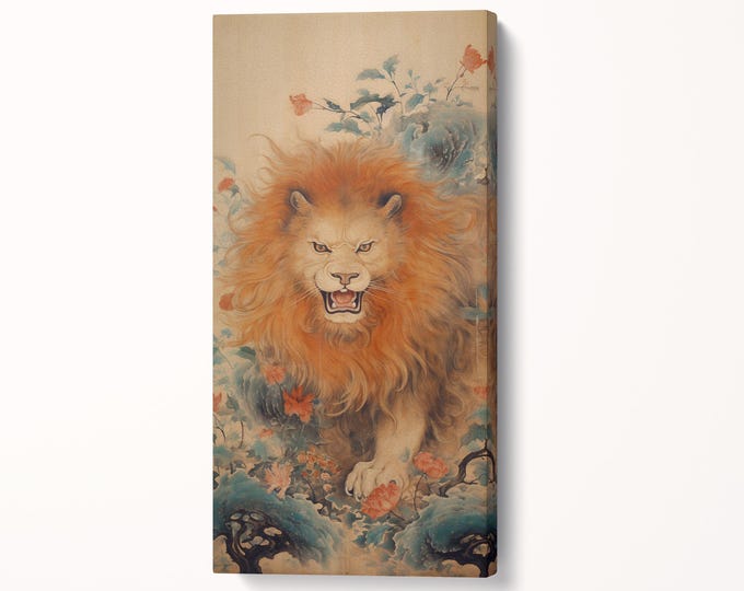 Majestic Roaring Lion Traditional Oriental Style Wall Art Canvas Eco Leather Print, Made in Italy!