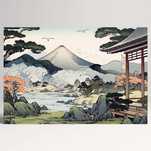 Tempio Zen Ukiyo-e Giapponese e Montagne Decorazione da Parete Stampa Tessuto Ecopelle, Made in Italy!