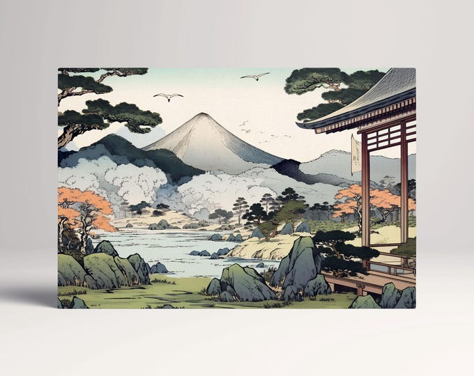 Zen Ukiyo-e Japanese Temple & Mountain Scene Canvas Home Art Wall Decor Eco Leather Print, Made in Italy!