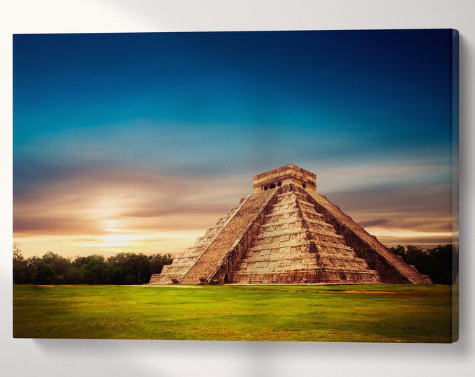 El Castillo Pyramid in Chichen Itza Yucatan Mexico Wall Art Canvas Eco Leather Print, Made in Italy!