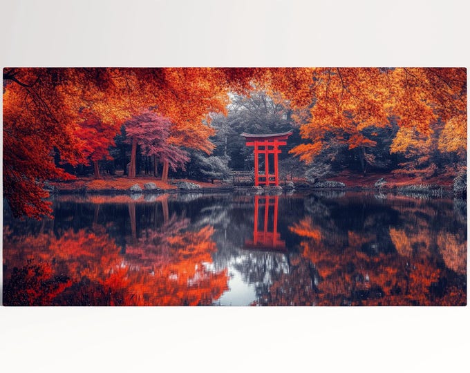 Torii Reflections in Autumn Serenity Red Tones Canvas Wall Art Eco Leather Print, Made in Italy!