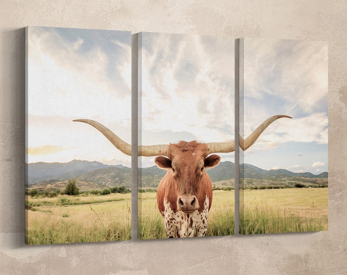 3 panel Texas longhorn steer soft tones canvas leather print/Large Wall Art/Wall art set/Texas longhorn cow/Framed canvas wall art