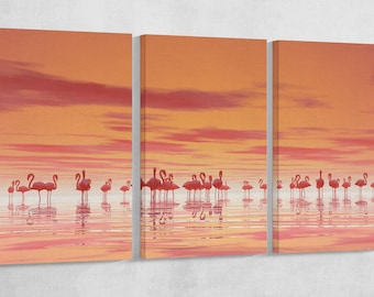Pink Flamingos on Lake Leather Print/Animal Print/Extra Large Print/Wall art print/Wall decor Print/Multi panel print/Better than Canvas!