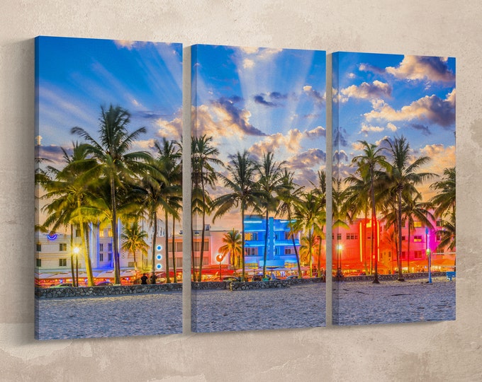Miami Beach South Beach Sunset in Ocean Drive Canvas Leather Print/Large Miami Print/South Beach/Wall Art/Made in Italy/Better than Canvas!