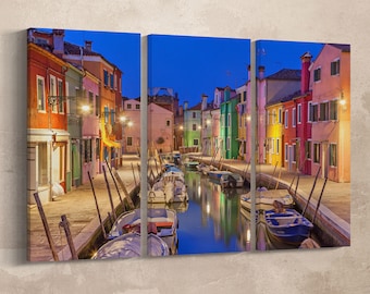 3 Pieces Burano island, Venezia canal and colorful houses Leather Print/Burano Large Print/Burano Wall Art/Multi Panel/Better than Canvas!