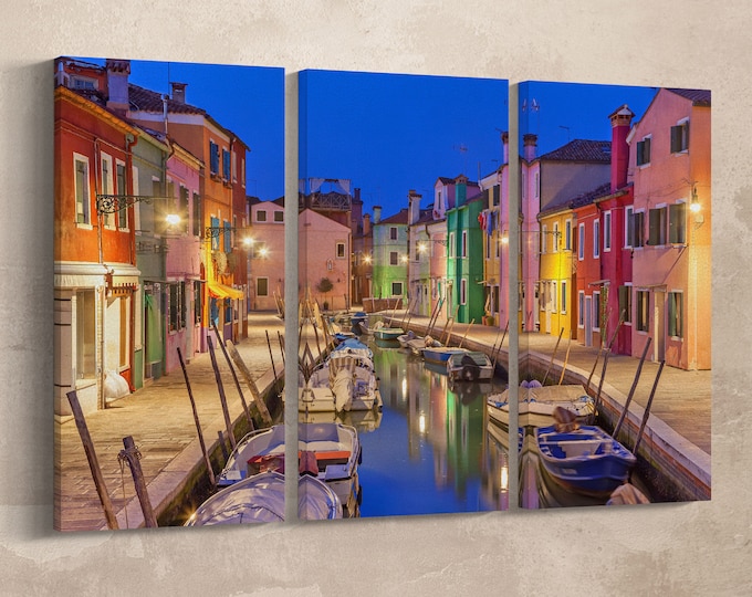 Burano island, Venezia canal and colorful houses canvas eco leather print, Made in Italy!