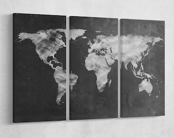 Black and White World Map: Vegan Leather Print, Multi Panel Art
