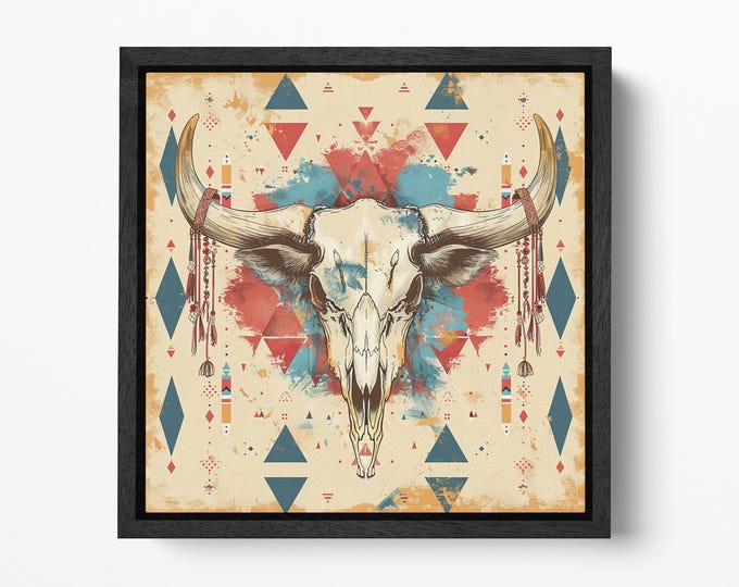 Tribal Bull Skull with Geometric Patterns - Eco Leather Canvas Wall Art Framed Canvas Print Made in Italy!