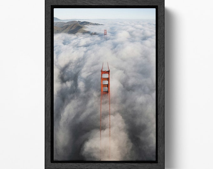 Golden Gate San Francisco foggy from above canvas wall art home decor eco leather print, Made in Italy!