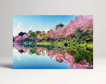 Cherry Blossom Lake Reflection Japan PETA Approved Eco Leather Single Triptych Wall Art
