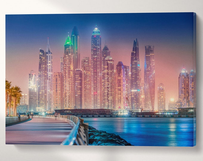 Dubai Marina Area From The Palm Jumeirah Island Canvas Eco Leather Print, Made in Italy!