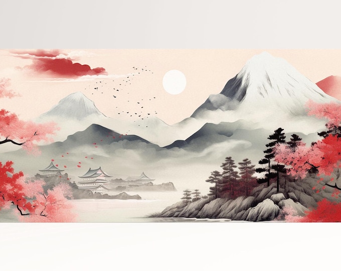 Japanese Serenity Cherry Blossom Soft Pastel Mountain Wall Art Japan Canvas Eco Leather Print, Made in Italy!