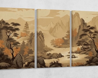 Old Beige Chinese Mountain Artwork PETA Approved Eco Leather Single or Triptych Art