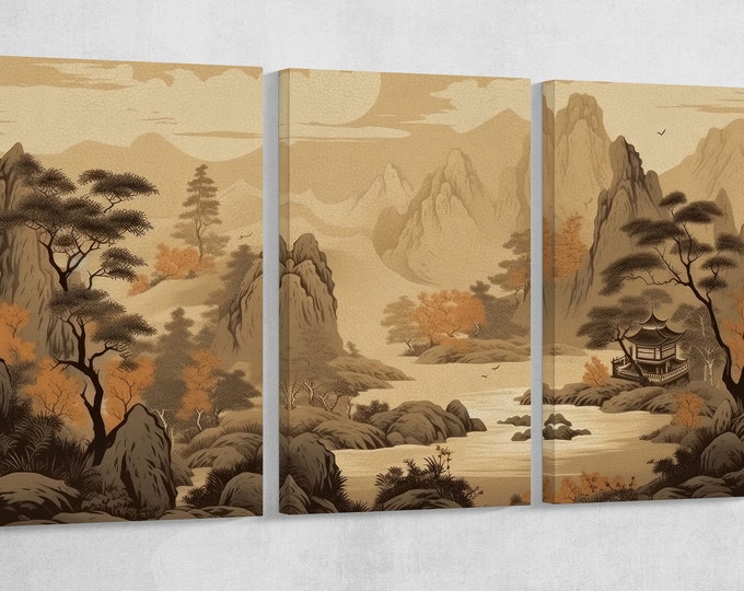 Old Beige Chinese Artwork Wall Art Framed Canvas Print, Made in Italy!