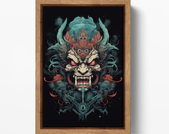 Japanese Oni Mask Yokai PETA Approved Eco Leather Floating Frame Wall Art
