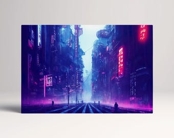 Cyberpunk City Japan Lights Canvas Wall Art Home Decor Leather Print, Made in Italy!