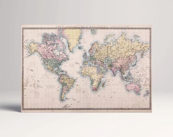 1860 World Map Mercator's Projection Historical Wall Art Vintage Cartography Print on Eco-Leather