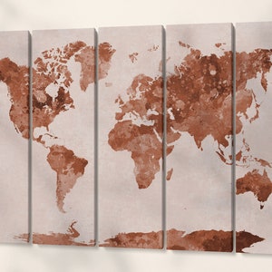 Gekleurde wereldkaartillustraties 5 panelen split ingelijst canvas leerprint/grote muurkunst/wereldkaart canvas/wereldkaart kunst aan de muur/gemaakt in Italië