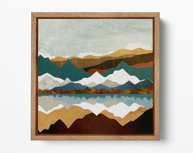 Mountains Reflections Nordic Style Wall Decor Framed Canvas Eco Leather Print, Made in Italy!