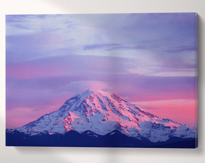 Sunset on Mount Rainier Canvas Leather Print/Mountain/Mount Rainier/Large Wall Art/Wall Decor/3 Panel Print/Made in Italy/Better than Canvas