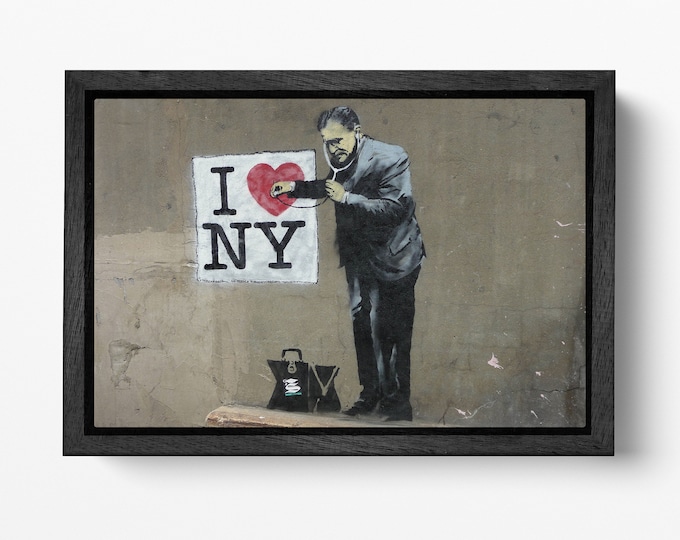 I Love New York by Banksy Canvas Wall Art Eco Leather Print Floating Frame Reproduction, Made in Italy!