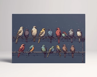 Birds on Wire Wall Art Vegan Leather Retro Print Ready to Hang