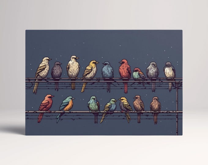 Symphony of Colors Birds on Wire Under a Starry Sky Retro Illustrative Wall Art Home Decor Eco Leather Print, Made in Italy!