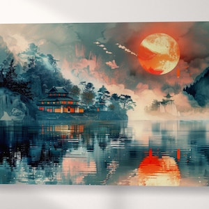 Pace nel Bagliore di una Luna Rossa Anime Giappone stampa canvas su tessuto ecopelle Made in Italy