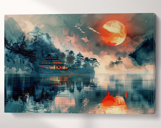 Serenity in the Glow of a Crimson Moon Anime Canvas Wall Art Eco Leather Print, Made in Italy!