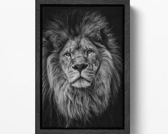 Majestic Lion Portrait on Vegan Leather Framed Animal Black and White Wall Art