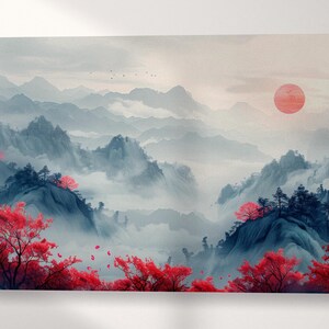 Ukiyo-e nella Nebbia: Montagna con Fiori Rossi Stampa su Tessuto Ecopelle, Made in Italy!