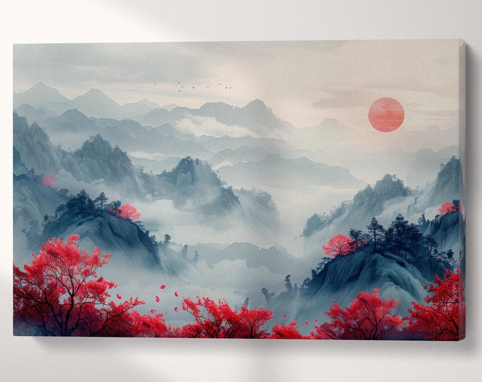 Ukiyo-e Mist: Red Blossoms and Mountainscape Artwork Canvas Wall Art Eco Leather Print, Made in Italy!